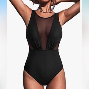 Athmile Black One-Piece Mesh, High-Cut, Tummy Control Swimsuit